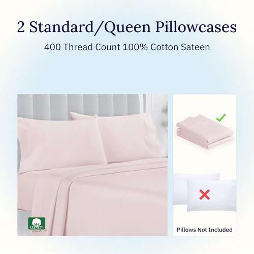 California Design Den Pillowcase Set | Standard Queen Size, 400 Thread Count, 100% Cotton Sateen, Soft Pink - Set of 2