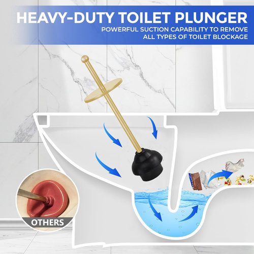 Toilet Plunger with Holder for Bathroom - Deep Cleaning - Heavy Duty - Strong Efficient Suction Cup - Household Essentials - Household Supplies, Satin Gold