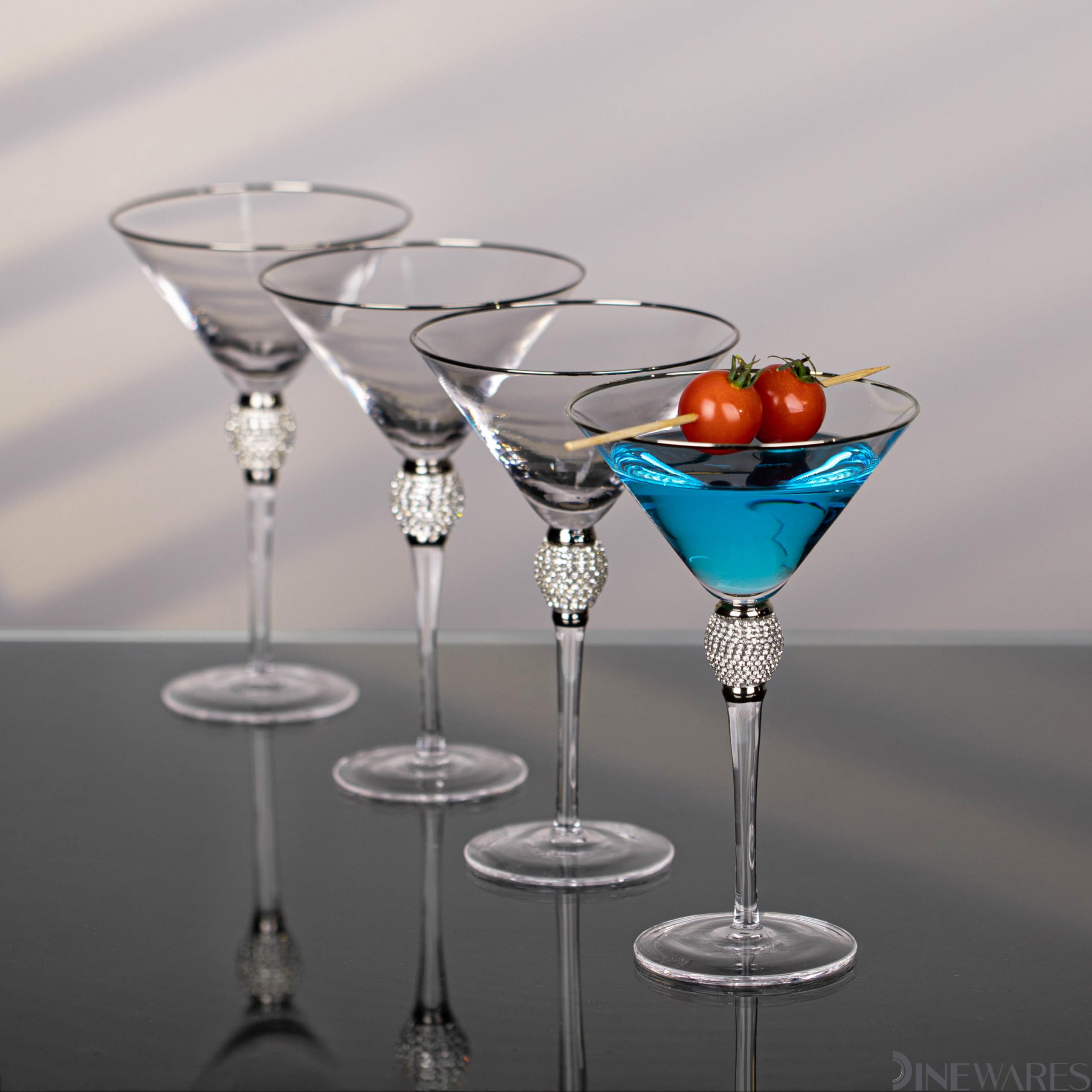 4 Piece Premium Clear Stem Crystal Martini Glasses with Gold Rim and Diamond-like Rhinestones, Elegant 10oz Glassware Set for Cosmopolitan, Vodka, Gin and Other Cocktails, Fancy Manhattan Drinkware