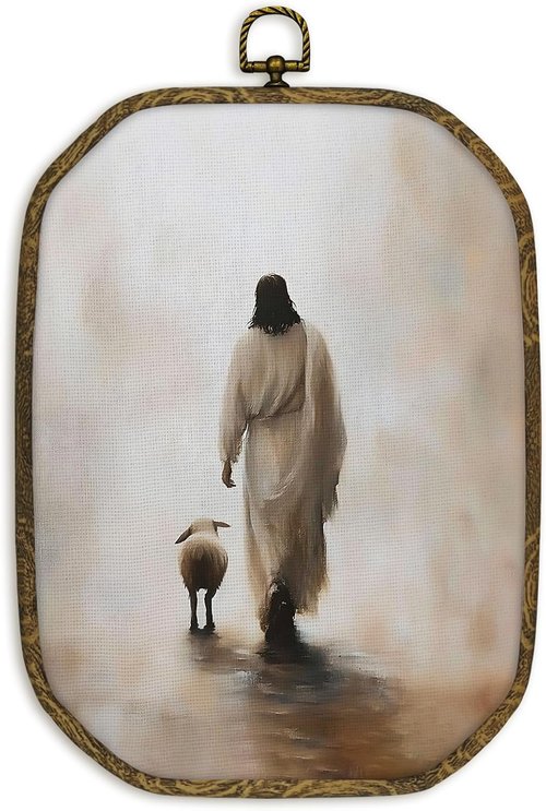 **nvucamd Christian Wall Art - Vintage Jesus and the Lost Lamb Framed Canvas Print | 10.2x7 Inches**