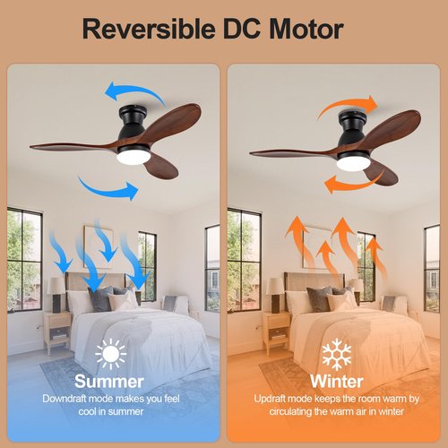Dimmable 42 Inch Flush Mount Ceiling Fans with Lights and Remote, 3 Blade Wood Bedroom Ceiling Fan with Lights Low Profile Ceiling Fan with Light Outdoor Ceiling Fans for Patios Living Room
