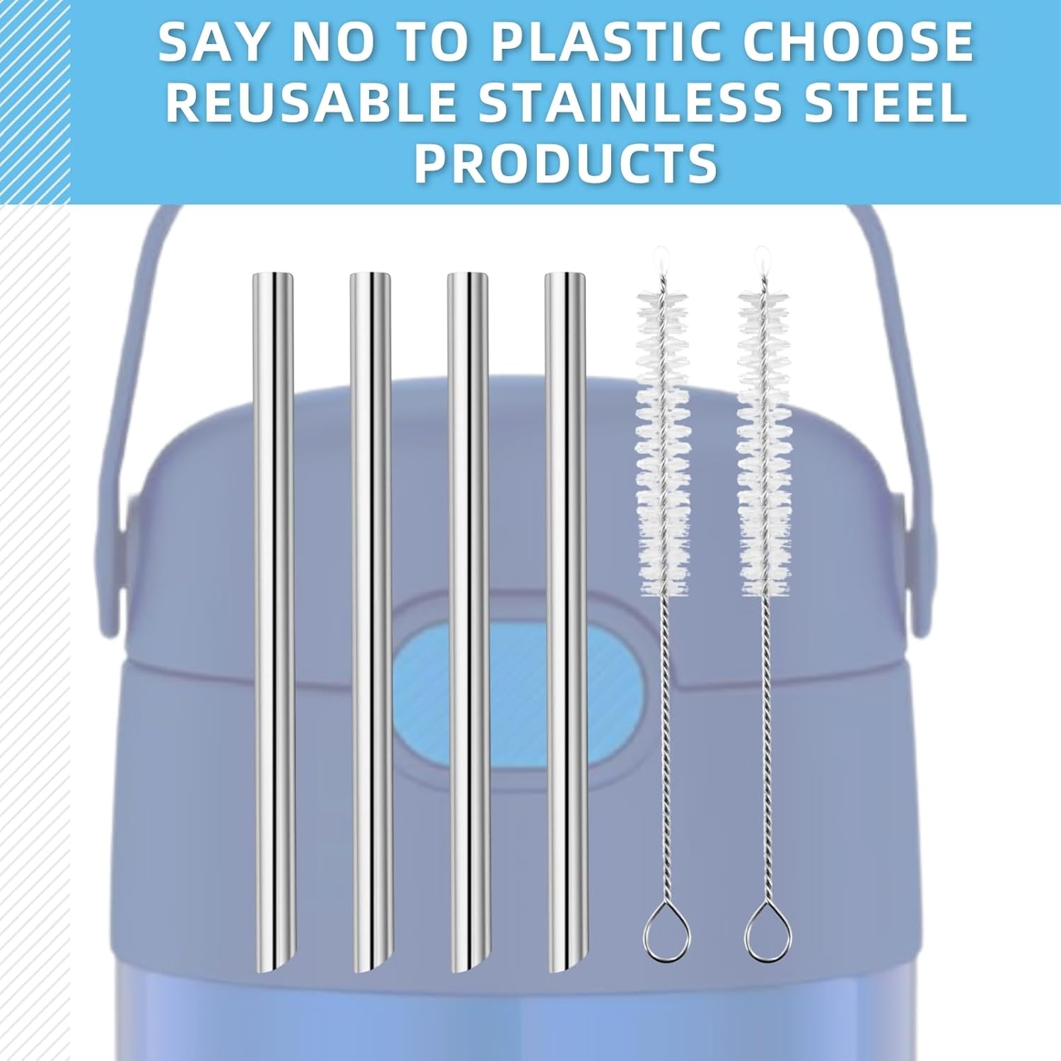 THERMOS Replacement Metal Straws - Reusable Stainless Steel for 12 Ounce FUNtainer | 4 Straws + 2 Cleaning Brushes