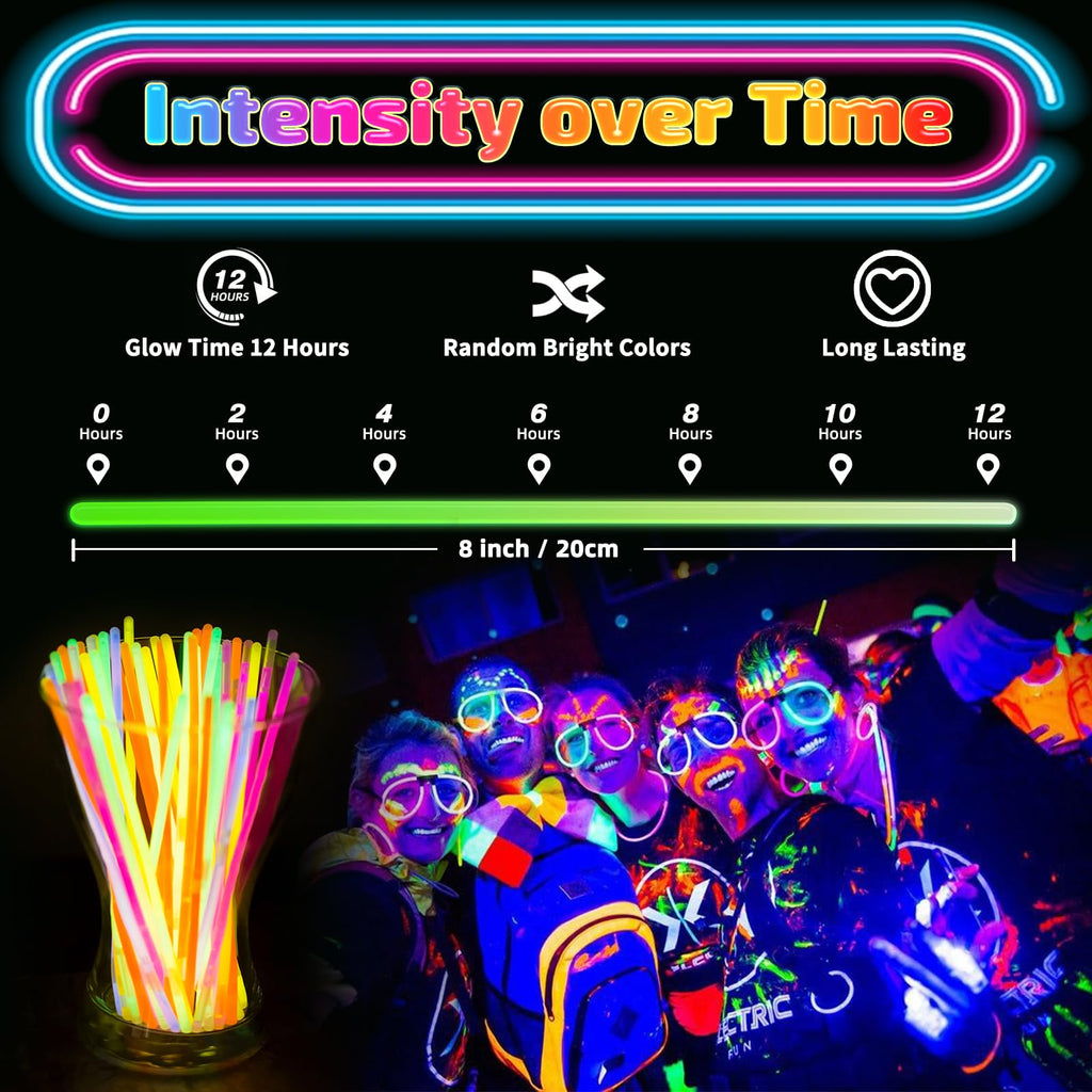 HONLYNE 200 Pcs Glow Sticks Bulk Party Pack, 8'' Glow in the Dark Party Supplies, Glow in the Dark Light Up Sticks with Connectors, Party Favors for Birthday, Concert, Raves, Halloween, Christmas