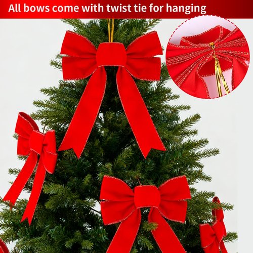 Frekkoy Christmas Bows - 12Pcs Christmas Red Velvet Bows 9''x13'' Packaged in a Box, Perfect for Gift Wrapping, Tree, Wreath, Gifts & Home Christmas Decorations