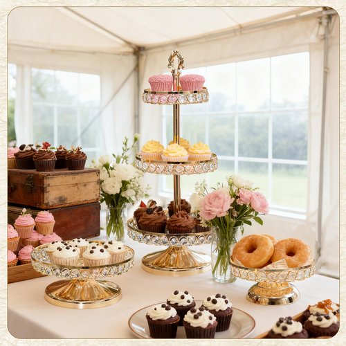 KEHAIL Round Metal 3 Tier Cupcake Tray Set, Crystal Dessert Display Stand for Weddings, Birthdays, Anniversaries, Party Centerpieces, Snacks and Fruit Plates (Gold, Set of 3)