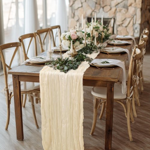 Fixwal 8 Pack Ivory Cream Cheesecloth Table Runners, 35x120 Inch Beige Pleated Boho Gauze Table Runner, Long Semi-Transparent Table Decorations for Parties, Showers, Birthdays and Weddings
