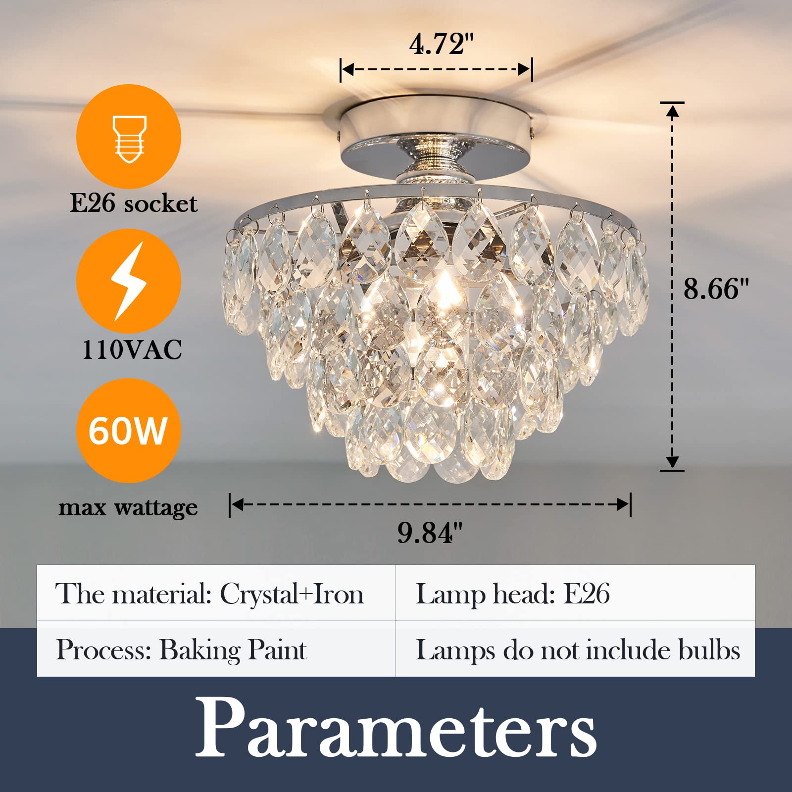 YYJLX Modern E26 Small Crystal Chandelier Semi Flush Mount Ceiling Light Fixture Silver Ceiling Lamp for Hallway Bedroom Bathroom Closet Bedroom Foyer （Chrome）