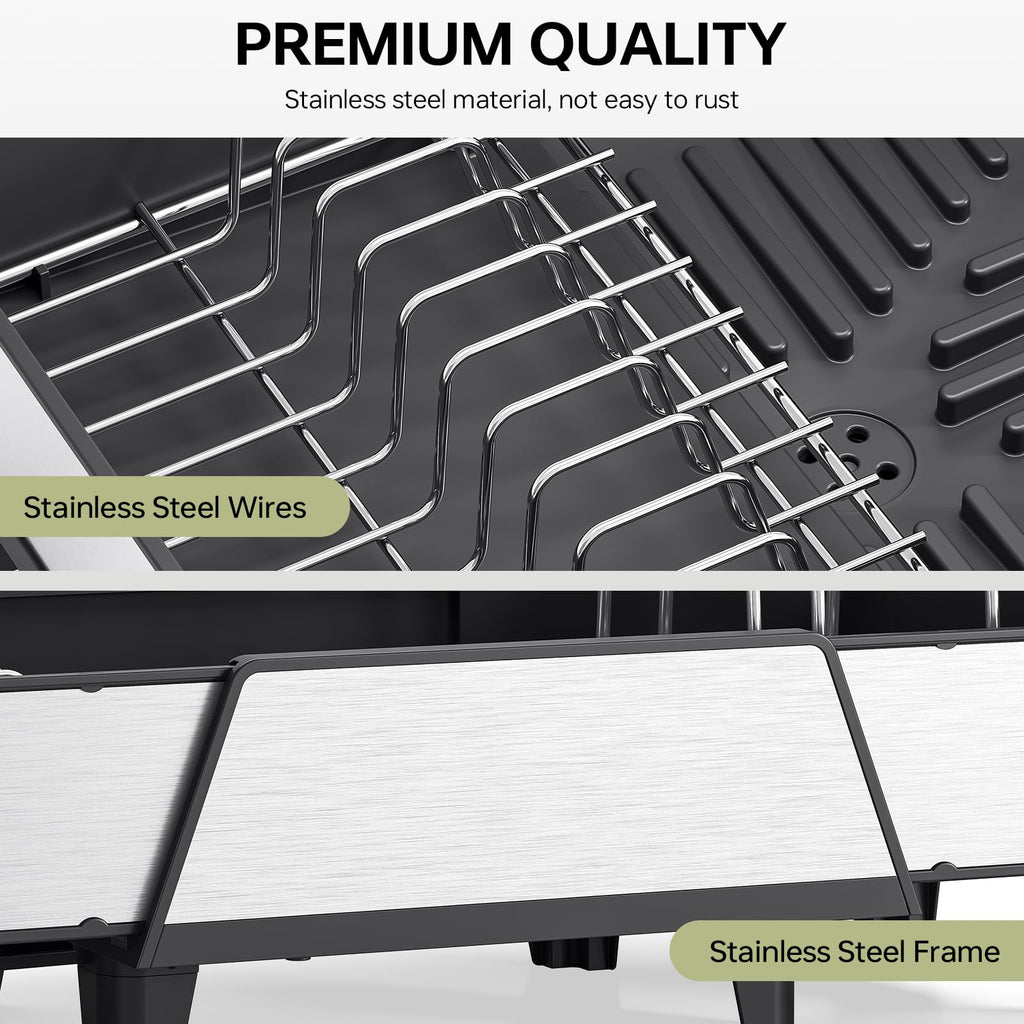 Urackify Large Dish Drying Rack - Triple Expandable Dish Rack for Kitchen Counter, Stainless Steel Sink Organization and Storage Essentials with Utensil & Pans Holder for Home and Appartment, Black