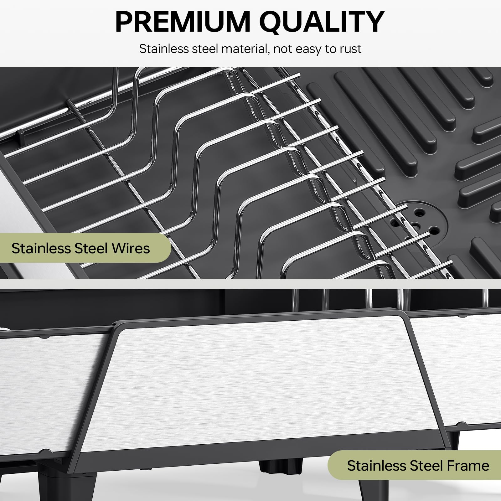 Urackify Large Dish Drying Rack - Triple Expandable Dish Rack for Kitchen Counter, Stainless Steel Sink Organization and Storage Essentials with Utensil & Pans Holder for Home and Appartment, Black