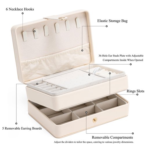 MODENGKONGJIAN Jewelry Organizer Box, 2-Layer Large Jewelry Storage Case, Portable Travel Jewelrys Display Holder for Earrings, Necklaces, Bracelets (Beige, PU Leather)