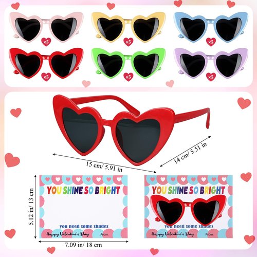 Kathfly 30 Pack Valentine's Day Sunglasses with Gift Cards Valentine Favor Sunglasses with Greeting Cards Prize Supplies Gift(Heart, Cat Eye)