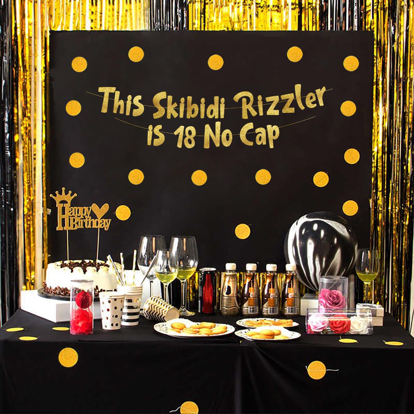 Pre-Strung This Skibidi Rizzler is 18 No Cap Gold Glitter Banner - Funny 18th Birthday Decorations for Teen Boys and Girls - Birthday Party Supplies and Gifts