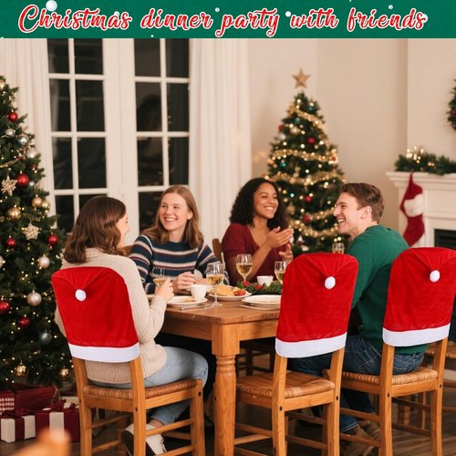 Hongsome Christmas Chair Back Covers - Set of 4 Cute Santa Hat Decorations for Holiday Dining