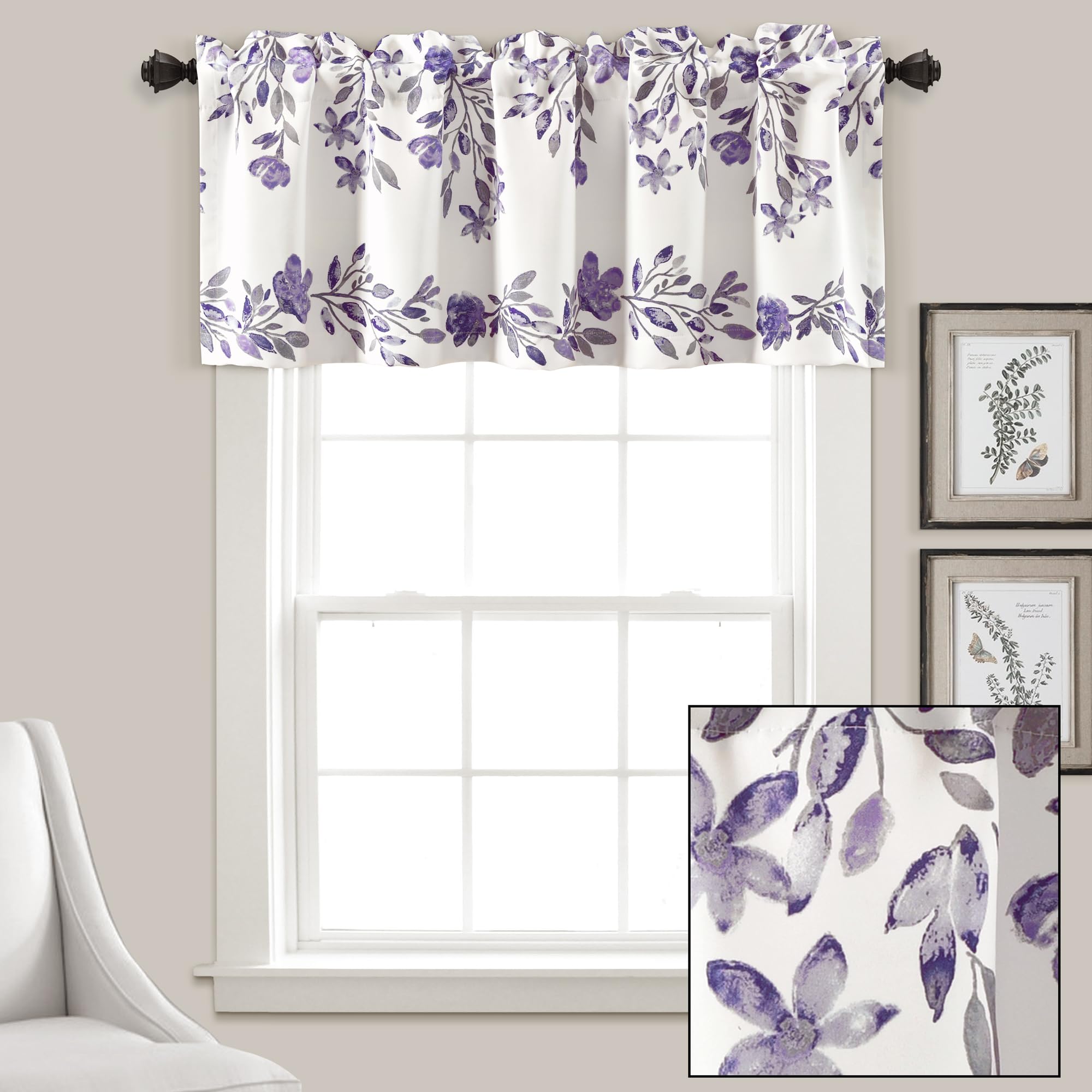 Lush Decor Tanisha Curtain Valance - Light Filtering, Floral Vine Print, Beautiful, Modern, Elegant Home Decor - 52" W x 18" L, Purple & Gray