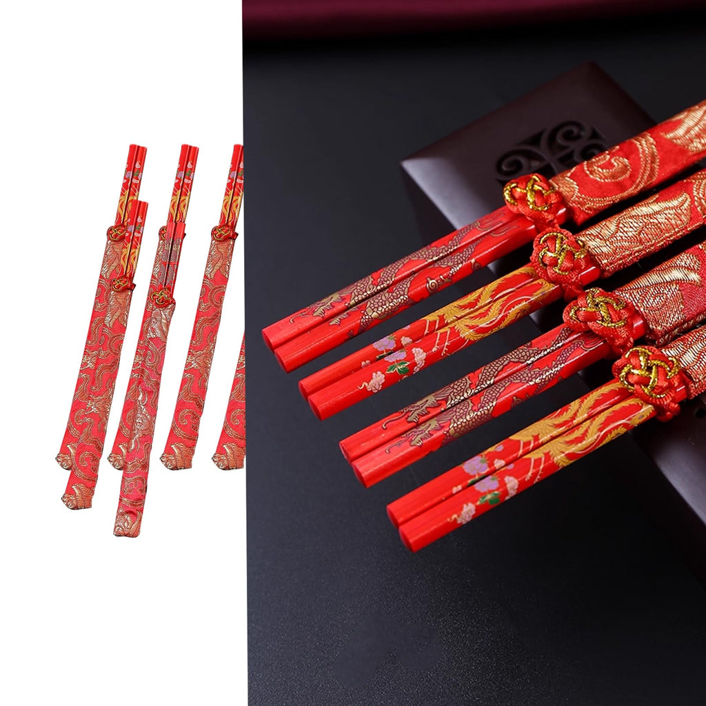 10 Pairs Chinese Knot Wooden Chopsticks with Gold Dragon Phoenix Pattern Red Chinese New Year Chopstick Set Chinese New Year Gifts for Wedding Chinese Festive Dining