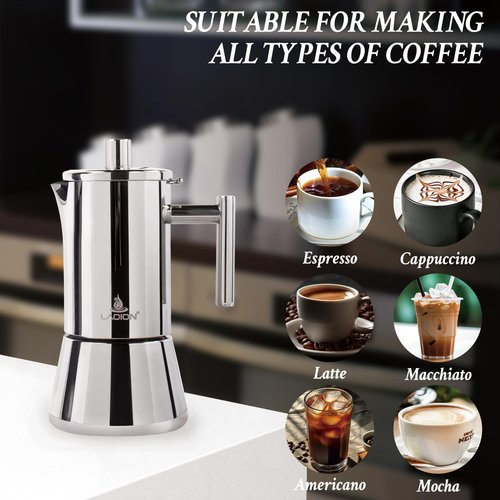 LAOION Stovetop Espresso Maker, 4Cup 6.8 oz Moka Pot, Stainless Steel Cuban and Italian Coffee Maker for Cafetera Cubana, Greca De Cafe Induction Stovetop Compatible, Coffee Gift for Home Travel