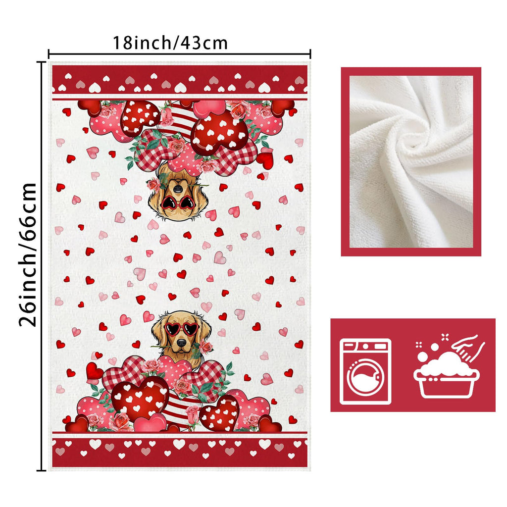 XCHI Happy Valentine's Day Love Hearts Dog Kitchen Towels Dish Towels 18x26 Inch Home Kitchen Decorations Hand Towels Set of 2 Drying Dishcloth