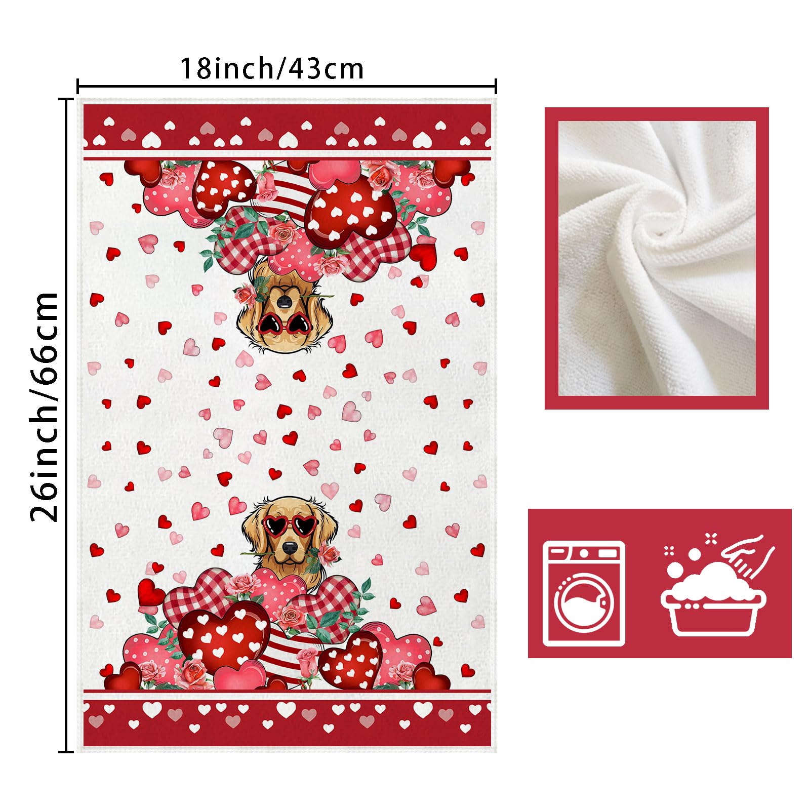 XCHI Happy Valentine's Day Love Hearts Dog Kitchen Towels Dish Towels 18x26 Inch Home Kitchen Decorations Hand Towels Set of 2 Drying Dishcloth