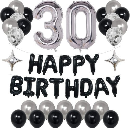 30th Birthday Party Decorations | Black & Silver Theme with Banner, Balloons & Foil Stars