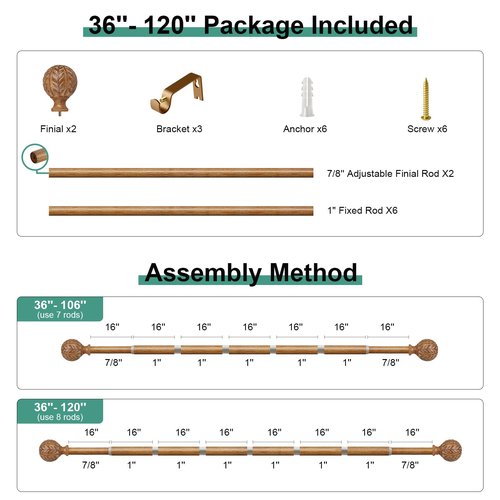 QDWIS Wood Curtain Rods for Windows 66 to 120 Inch, 1'' Adjustable Decorative Drapery Rods with Imitation Wood Grain Leaf Pattern Finials, Boho Heavy Duty Long Window Curtain Rods Set 36''-120''