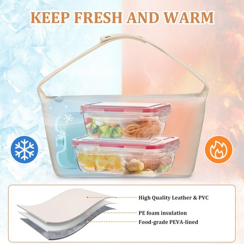 wiwens Lunch Bag Set For Women Insulated Leather Woman Lunch Bag With 2 Lunch Box Containers Spoon and Ice Pack Leakproof Reusable High Capacity Lunch Tote Bags for Work, Travel, Outdoor