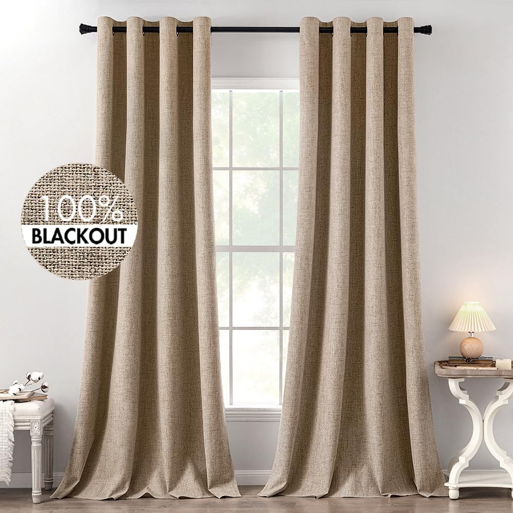 MIULEE 100% Blackout Linen Textured Curtains - Thermal Insulated Copper Brown | Room Darkening Drapes 52 x 120 Inch (2 Panels)