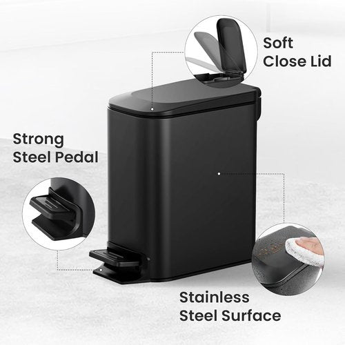 Cesun Bathroom Essentials Bundle - 1.6 Gallon Soft Close Trash Can & Toilet Paper Holder Stand | Matte Black Stainless Steel