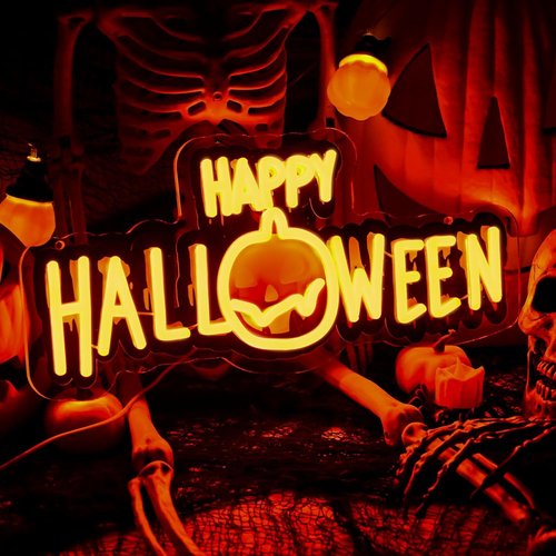 Happy Halloween Neon Sign - Dimmable Black & Orange LED Light for Spooky Party Decor | UV Printed Wall Art