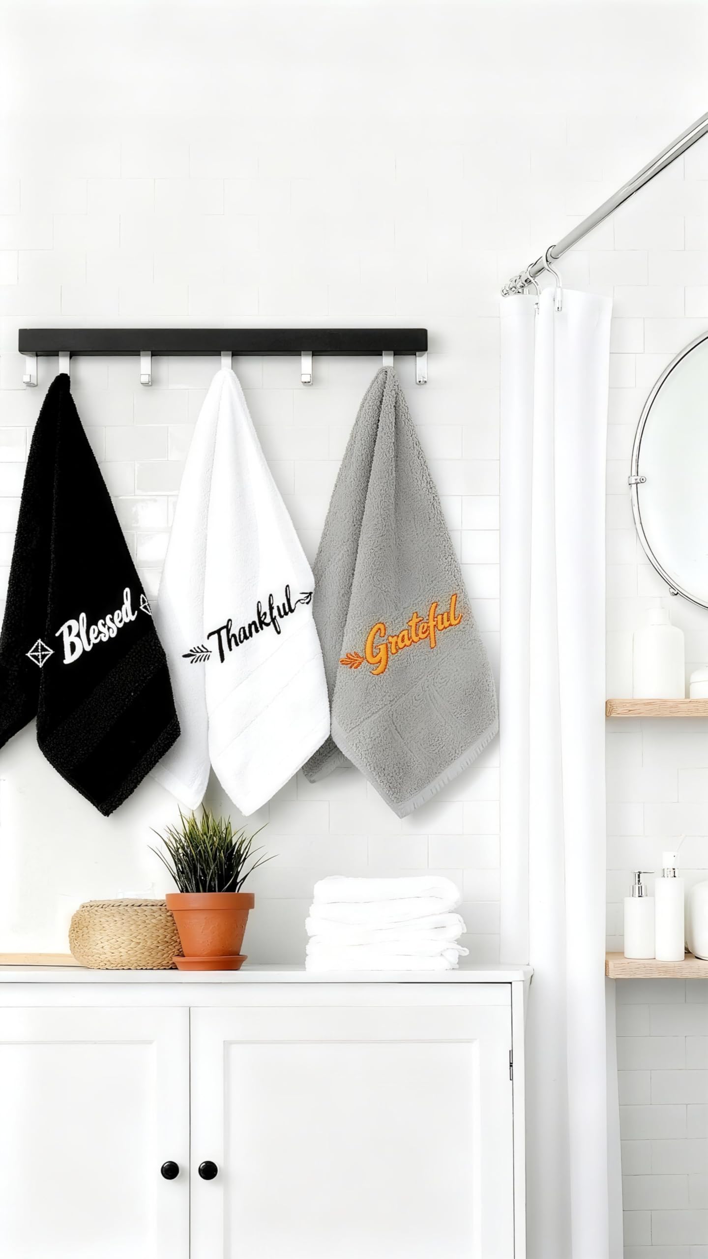 QBrand 3 Pcs Farmhouse Bathroom Decor Hand Towels 14x29 Inch Cotton Bath Towels Rustic Embroidered for Boho Kitchen Decor Inspirational Christian Gift (Blessed Thankful Grateful-C)