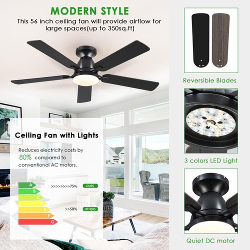 Mpayel Ceiling Fans with Lights, 52 Inch Flush Mount Ceiling Fan with Light and Remote, Low Profile Black Ceiling Fan for Bedroom Living Room, Quiet DC Motor, Reversible, Dimmable LED, Black
