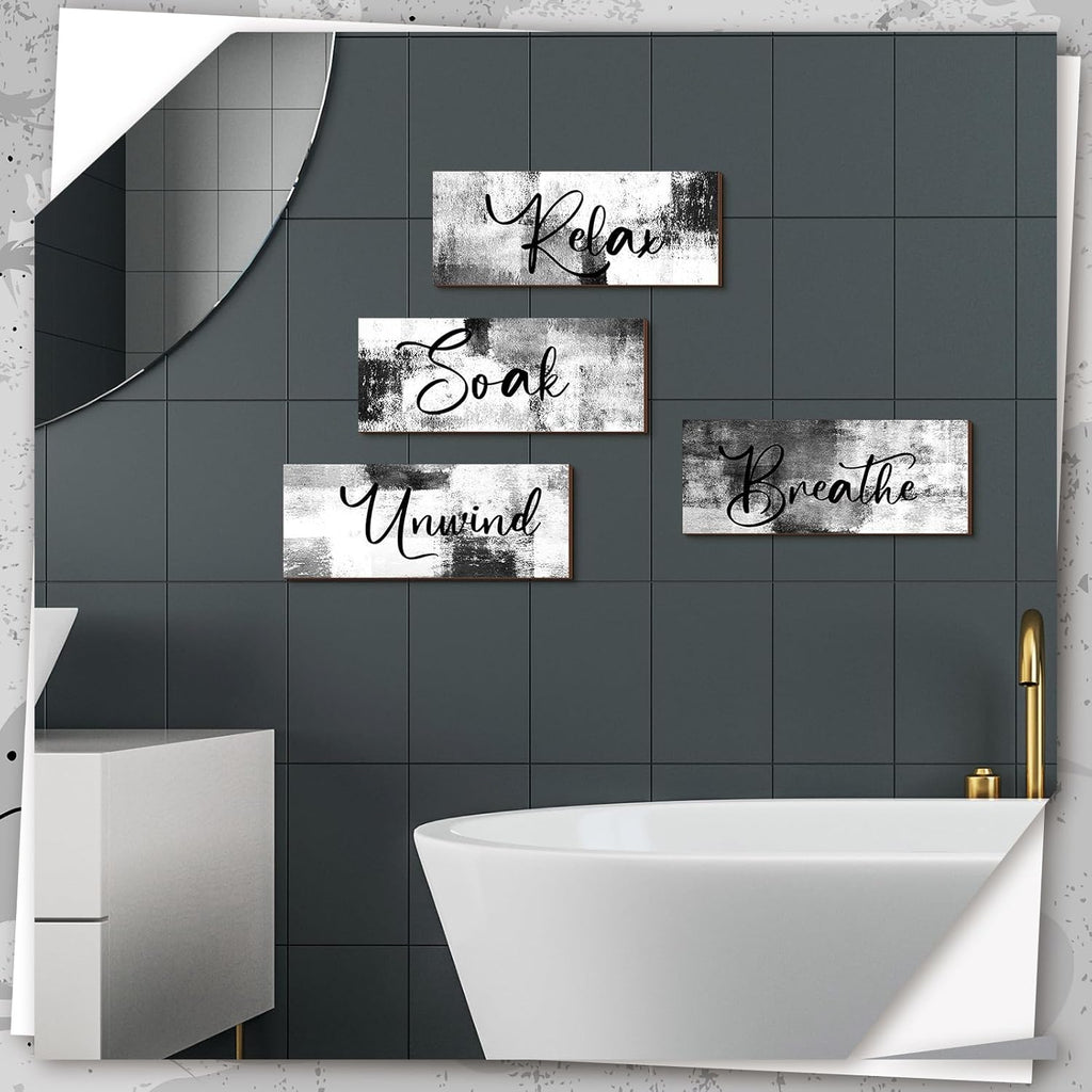 Maitys Bathroom Wall Art - Rustic 4-Piece Set for Soak, Unwind, Relax | 10 x 4 Inch Black & White Decor