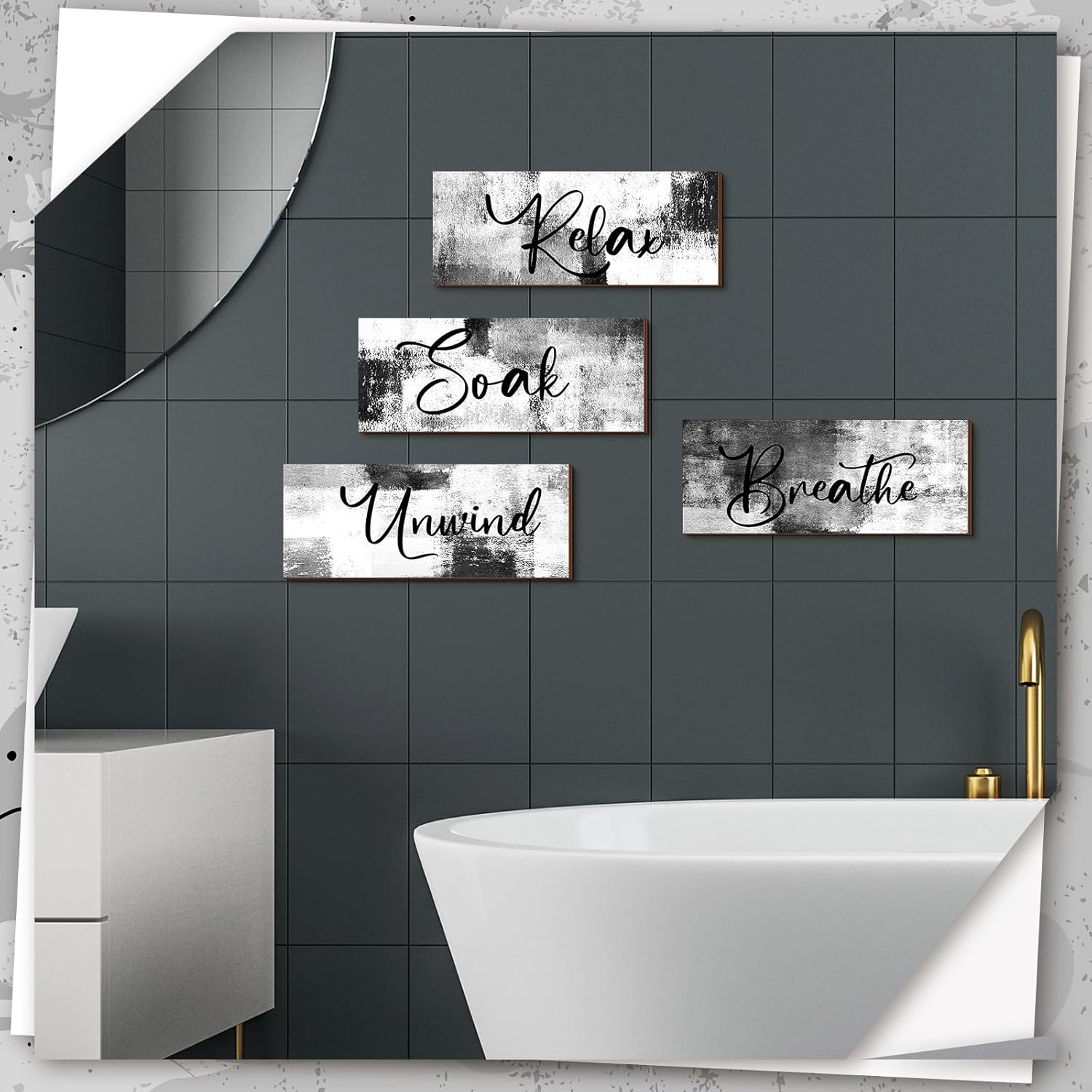Maitys Bathroom Wall Art - Rustic 4-Piece Set for Soak, Unwind, Relax | 10 x 4 Inch Black & White Decor
