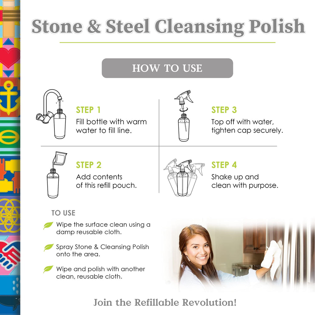 Truly Free Stone & Steel Cleansing Polish Starter Kit - Quartz, Marble, Granite, Stone Countertop, Oven, Stainless Steel Cleaner - 12oz Empty Bottle, 1 Concentrated Fill (3oz)-No Harmful Ingredients