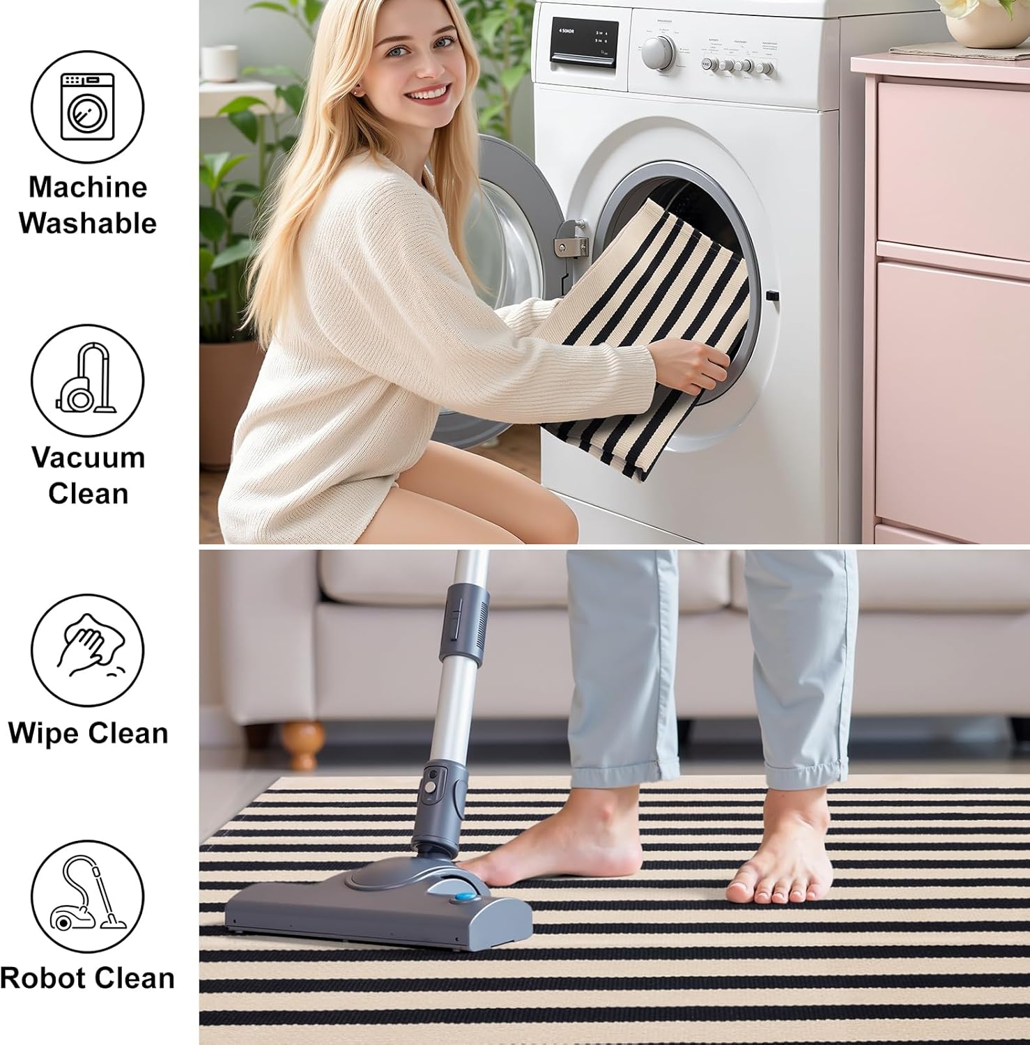 OLANLY Striped Rug - Washable Beige and Black Cotton Doormat | 2'4" x 3'7" for Indoor/Outdoor Use