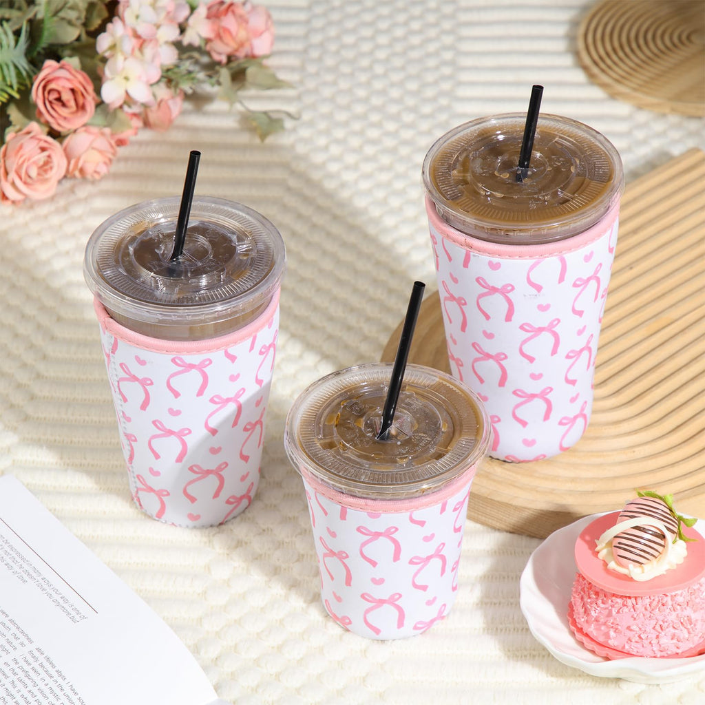 SiliFine 3 Pack Reusable Iced Coffee Cup Sleeve Insulated Neoprene Cup Holder for Iced & Hot Drinks Pink Coquette Bow Coffee Sleeve for Cold Beverages(Bow and Heart)