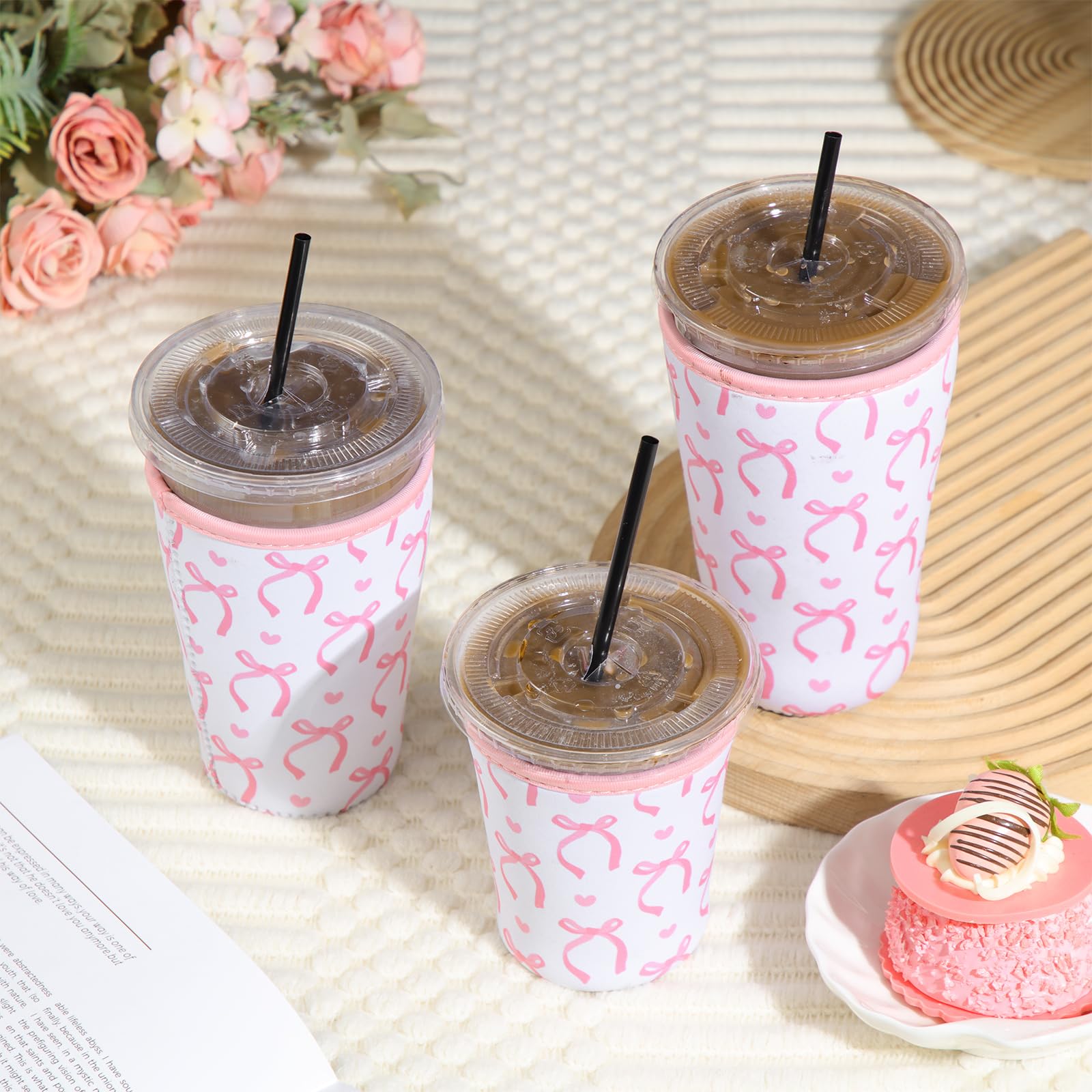SiliFine 3 Pack Reusable Iced Coffee Cup Sleeve Insulated Neoprene Cup Holder for Iced & Hot Drinks Pink Coquette Bow Coffee Sleeve for Cold Beverages(Bow and Heart)