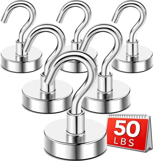 DIYMAG Magnetic Hooks - 50lbs Heavy Duty N52 Rare Earth Magnets | Essential 6-Pack for Home & Travel