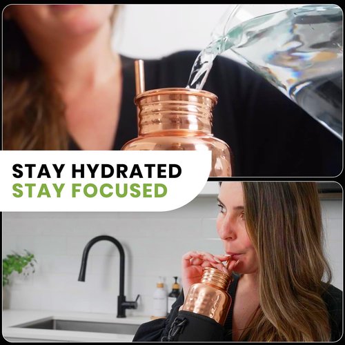 Kamojo Copper Water Bottle for Drinking - Hammered 100% Pure Copper Tumbler Cup with Leak Proof Lid, Removable Insulating Sleeve & Straw - Handcrafted Ayurvedic Cup for Water 32 fl oz
