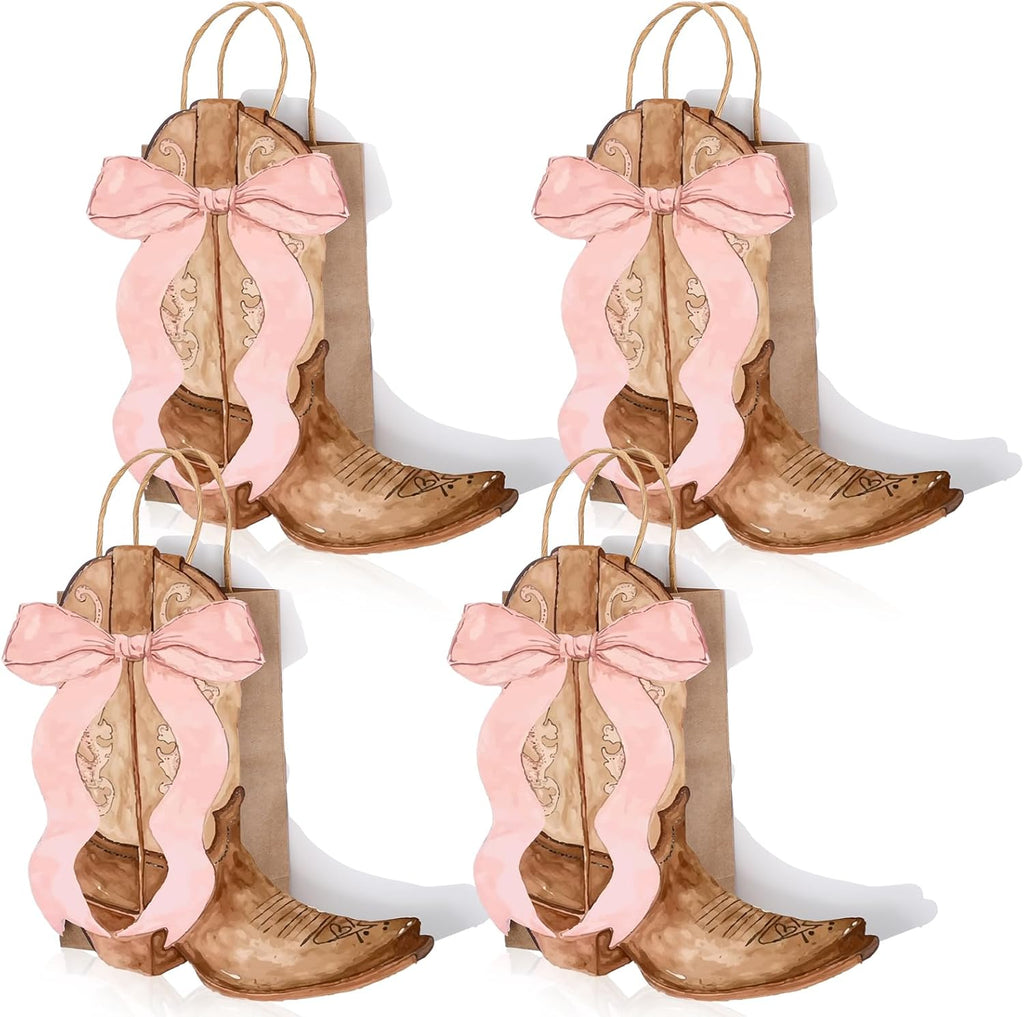 Sinload Western Gift Bags - Cowgirl Cowboy Boots Design with Pink Bow Handles | Perfect for Birthday Party Favors (Brown Style)