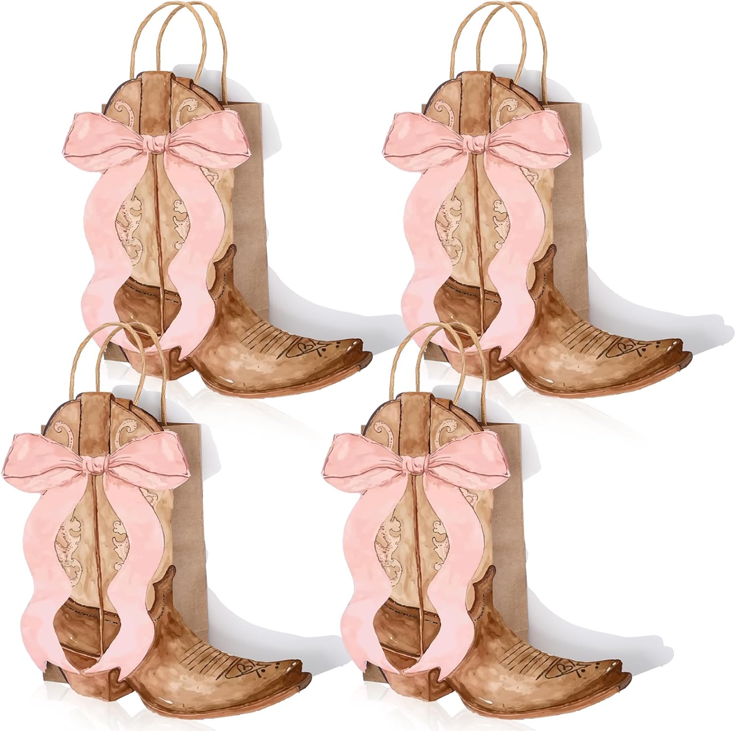 Sinload Western Gift Bags - Cowgirl Cowboy Boots Design with Pink Bow Handles | Perfect for Birthday Party Favors (Brown Style)