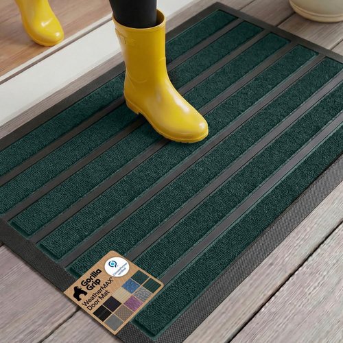 GORILLA GRIP Waterproof All-Season WeatherMAX Doormat - Natural Rubber, Stain & Fade Resistant, 29x17, Green Stripe