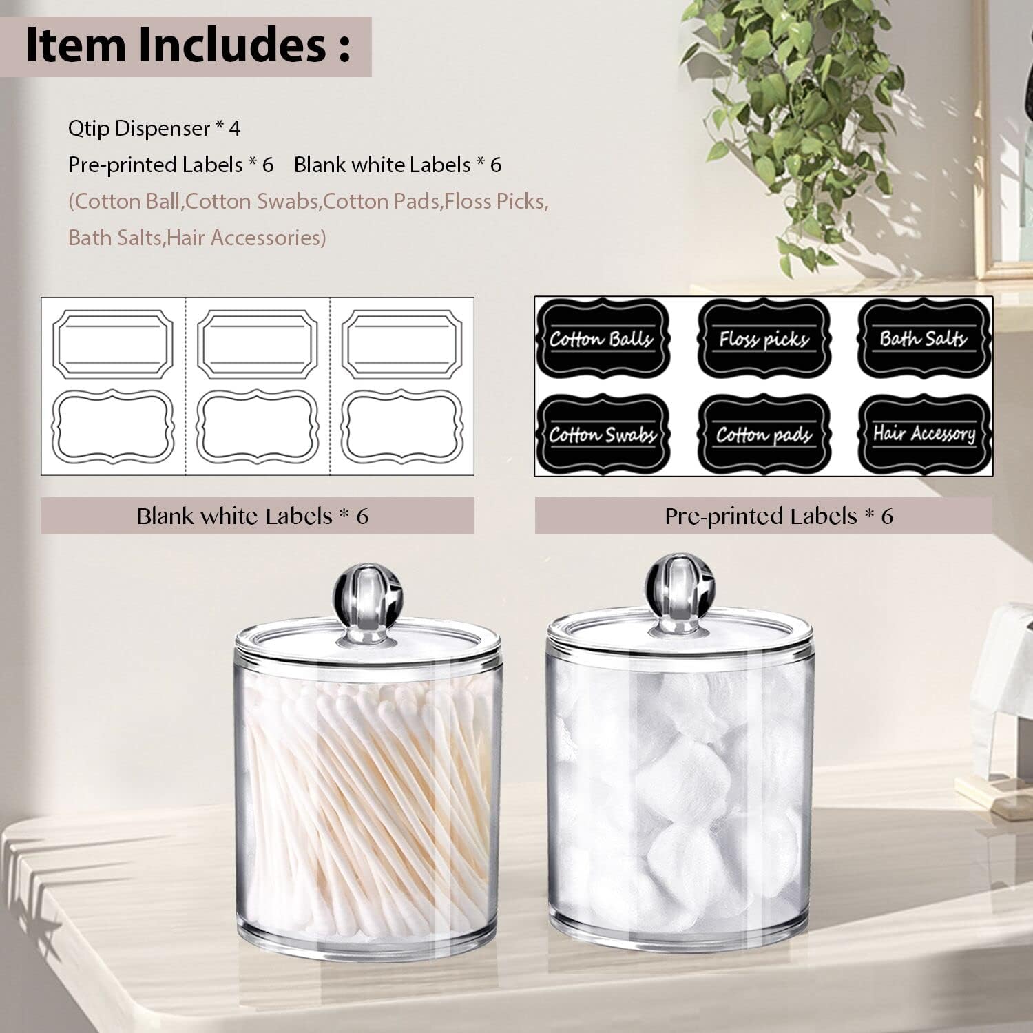 SheeChung Qtip Holder Set - Clear Acrylic Apothecary Jars | Shatterproof Bathroom Organizer (4-Pack)