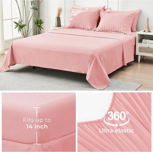 HYMOKEGE Twin Comforter Set - Rose Pink Seersucker 5-Piece Luxury Bedding Set | All-Season Comforter, Sheets & Pillowcase