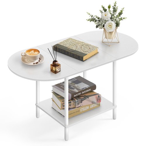 White Coffee Tables for Living Room,Mid Century Oval Center Table with Storage Shelf and Wood Tabletop,2-Tier Modern Narrow Cocktail Tea Table for Small Space,Small Apartment