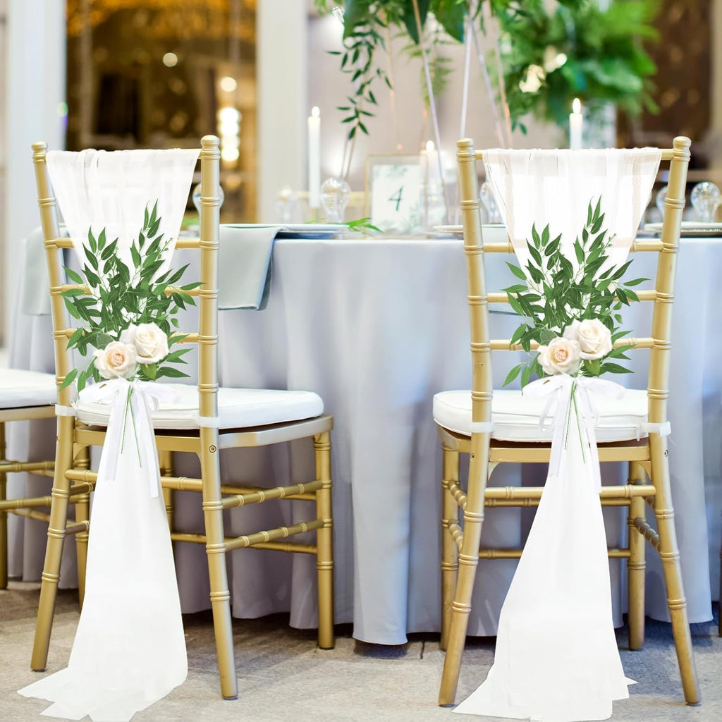 VitalCozy Wedding Aisle Chair Decorations - 12 Sets of White Sashes with Artificial Ruscus & Chiffon for Ceremonies