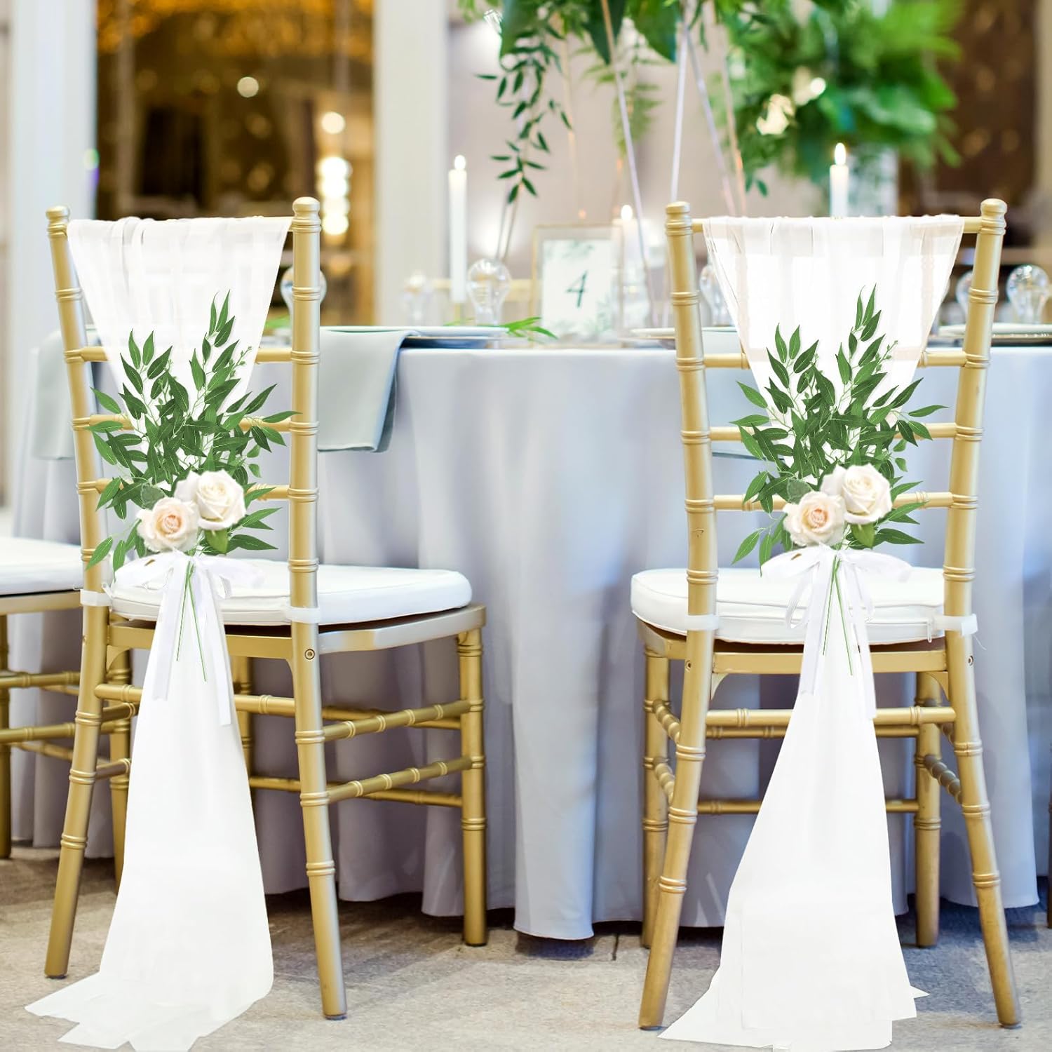 VitalCozy Wedding Aisle Chair Decorations - 12 Sets of White Sashes with Artificial Ruscus & Chiffon for Ceremonies