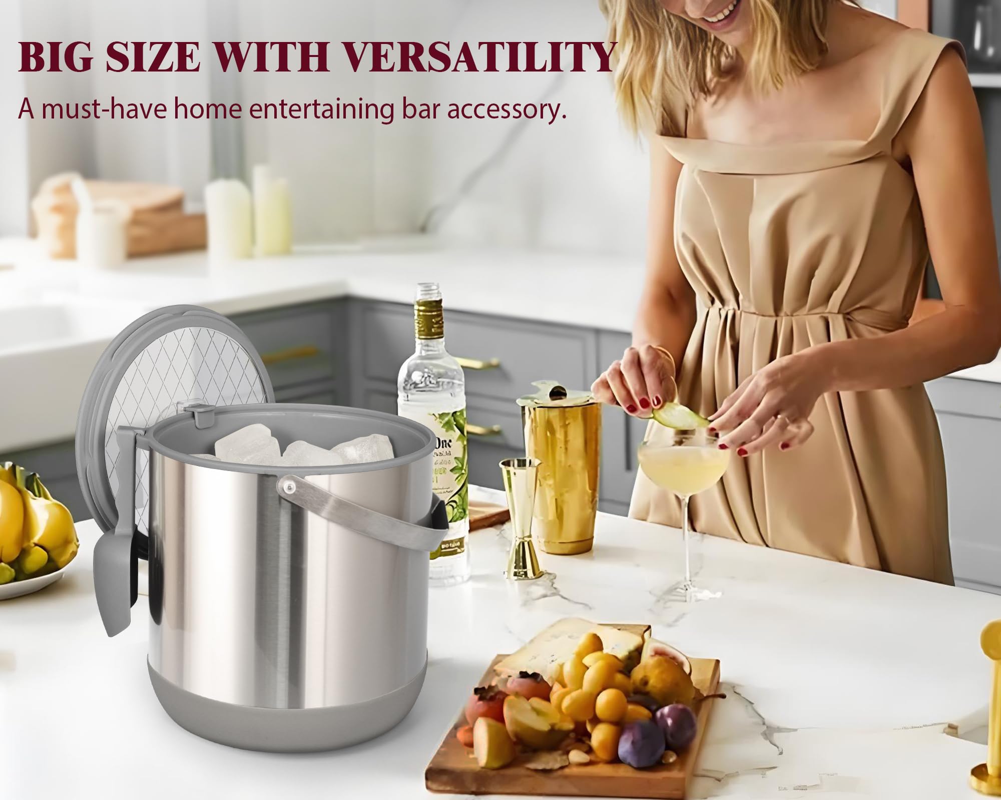 6.8L/7QT Insulated Ice Bucket with Lid & Scoop,Double-Wall Ice Bucket for Parties,Cocktail Bar(Grey)