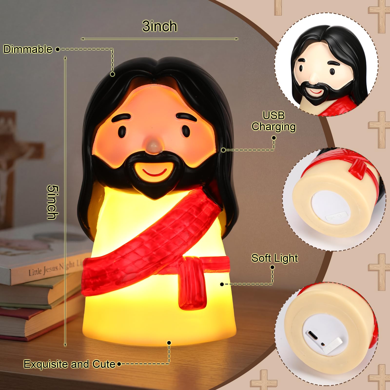 Huquary Cute Jesus Night Light, Jesus Gift, Dimmable PVC Christian Lamp, USB Rechargeable Touch Bedside Light, Baptism Favor, First Communion & Religious Graduation Gifts (3 x 5 Inch)(Red)