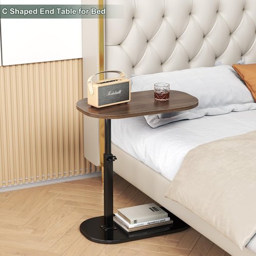 C Shaped Side Table, Adjustable Height C Shaped End Table, 360°Swivel Couch Side Tables That Slide Under, Modern Small Coffee C Table End Table for Sofa/Bed/Bathtub, Rotating Tabletop (Walnut)