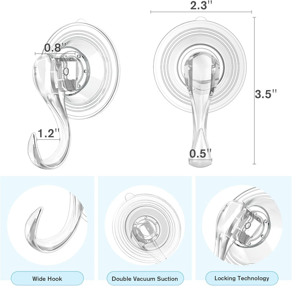 VIS'V Suction Cup Hooks - Heavy Duty Removable Shower Hooks | Clear, 4 Pack with Wipes